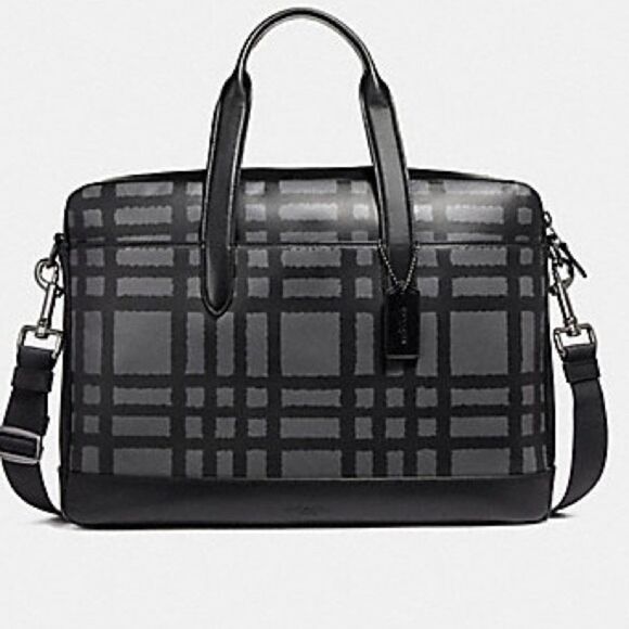 COACH HAMILTON WILD plaid PRINT black & grey leather business bag F11187 - Picture 1 of 14